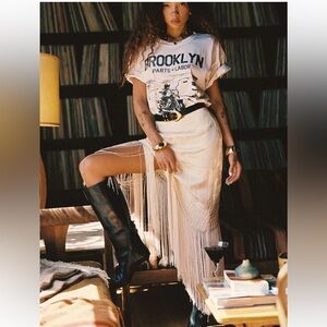 12th Tribe Frankie Cream Satin Jacquard Fringe Midi Skirt